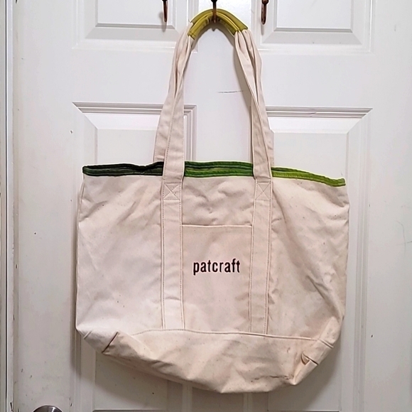 PATCRAFT CANVAS SHOULDER TOTE BAG IN CREAM/GREEN SIZE LARGE - Picture 1 of 10